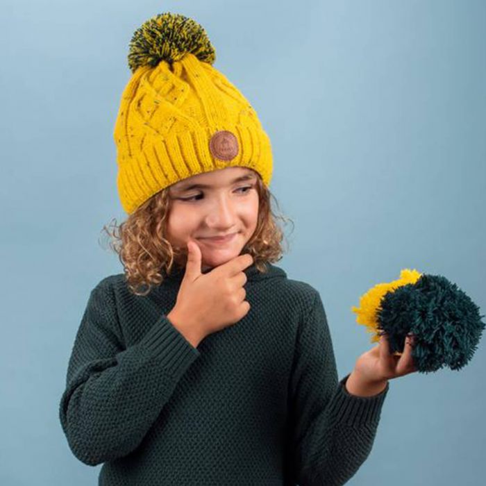 Bonnet enfant 6-12 ans avec 3 pompons interchangeables Jus de pomme Yellow